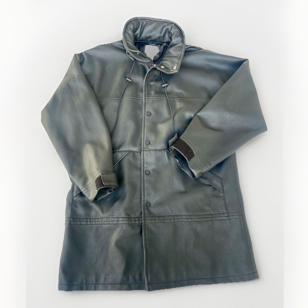 Calvin Klein Jeans Faux Leather Coat XL Black Jacket Hooded Mid Length Matrix